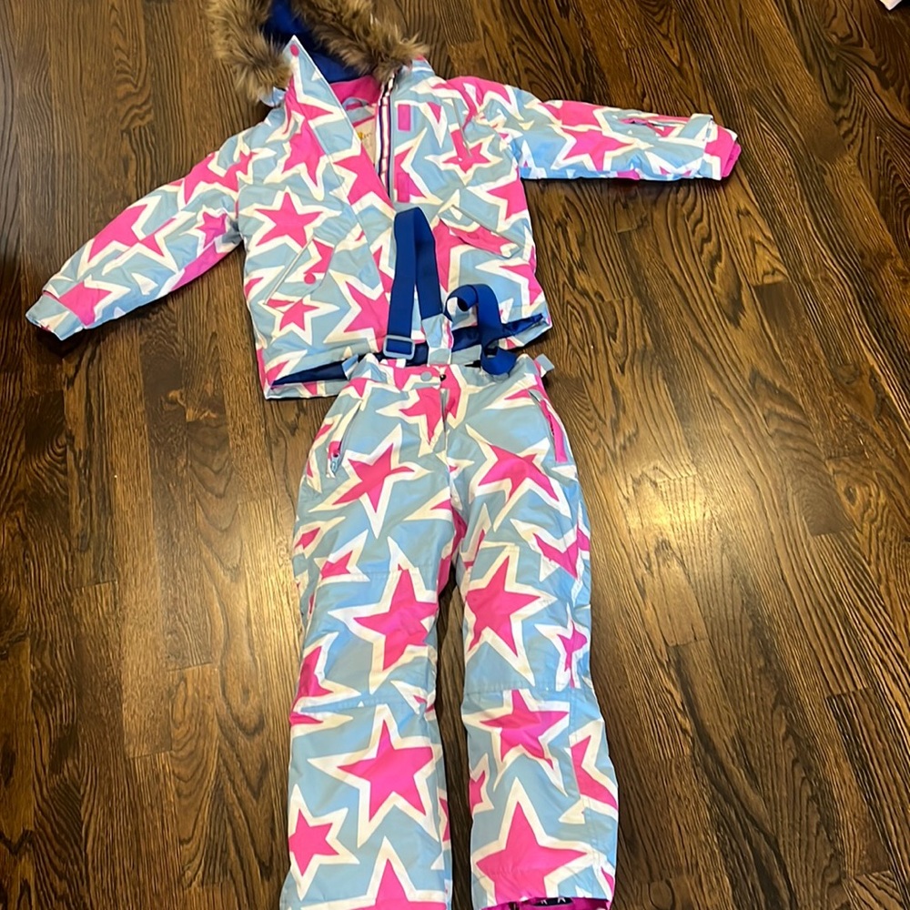All- weather waterproof mini Boden girls ski jacket (8/9) and ski pants (7/8).